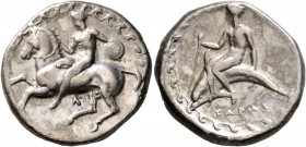 CALABRIA. Tarentum. Circa 380-340 BC. Didrachm or Nomos (Silver, 21 mm, 7.73 g, 1 h). Nude warrior, holding bridles with his right hand and carrying s...