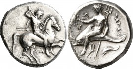 CALABRIA. Tarentum. Circa 315-302 BC. Didrachm or Nomos (Silver, 22 mm, 7.87 g, 9 h). ΣA Nude rider on horse galloping to right, stabbing with spear h...