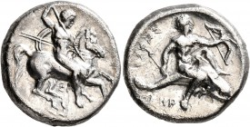 CALABRIA. Tarentum. Circa 315-302 BC. Didrachm or Nomos (Silver, 20 mm, 7.35 g, 3 h). ΣA Nude rider on horse galloping to right, stabbing with spear h...