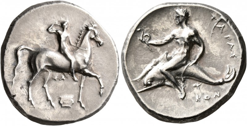 CALABRIA. Tarentum. Circa 302 BC. Didrachm or Nomos (Silver, 22 mm, 7.82 g, 11 h...