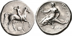 CALABRIA. Tarentum. Circa 302 BC. Didrachm or Nomos (Silver, 22 mm, 7.82 g, 11 h), Sa... and Kon..., magistrates. ΣA Nude youth riding horse walking t...