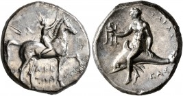 CALABRIA. Tarentum. Circa 302-280 BC. Didrachm or Nomos (Silver, 21 mm, 7.74 g, 7 h), Sa..., Arethon and Cas..., magistrates. ΣA - APE/ΘΩN Nude youth ...