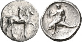 CALABRIA. Tarentum. Circa 302-280 BC. Didrachm or Nomos (Silver, 22 mm, 7.72 g, 5 h), Sa..., Arethon and Cas..., magistrates. ΣA - APE/ΘΩN Nude youth ...