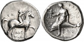 CALABRIA. Tarentum. Circa 302-280 BC. Didrachm or Nomos (Silver, 21 mm, 7.64 g, 9 h), Sa..., Arethon and Cas..., magistrates. ΣA - APE/ΘΩN Nude youth ...