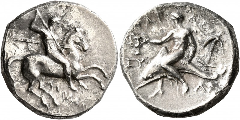 CALABRIA. Tarentum. Circa 280 BC. Didrachm or Nomos (Silver, 21 mm, 7.69 g, 12 h...