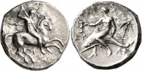 CALABRIA. Tarentum. Circa 280 BC. Didrachm or Nomos (Silver, 21 mm, 7.69 g, 12 h), Anthrop..., Eu... and Ap..., magistrates. ANΘPΩΠ Nude rider on hors...