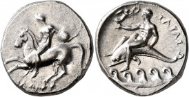 CALABRIA. Tarentum. Circa 280-272 BC. Didrachm or Nomos (Silver, 22 mm, 7.73 g, 7 h), Ey... and Philon, magistrates. Nude warrior on horseback left, h...
