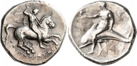 CALABRIA. Tarentum. Circa 280-272 BC. Didrachm or Nomos (Silver, 21 mm, 7.62 g, 1 h), Deinokrates and Si..., magistrates. ΣI / ΔEINOKPATHΣ Nude rider ...