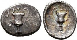 CALABRIA. Tarentum. Circa 280-228 BC. Obol (Silver, 11 mm, 0.53 g, 10 h). Kantharos with five pellets around. Rev. Kantharos with five pellets around;...