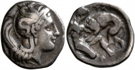 LUCANIA. Herakleia. Circa 432-420 BC. Diobol (Silver, 12 mm, 1.04 g, 7 h). Head of Athena to right, wearing crested helmet decorated with a hippocamp....