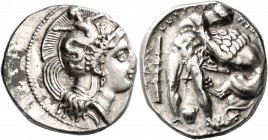 LUCANIA. Herakleia. Circa 390-340 BC. Didrachm or Nomos (Silver, 22 mm, 7.73 g, 9 h). Head of Athena to right, wearing single-pendant earring, necklac...