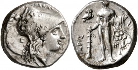 LUCANIA. Herakleia. Circa 281-278 BC. Didrachm or Nomos (Silver, 20 mm, 7.78 g, 10 h). Head of Athena to right, wearing Corinthian helmet decorated wi...