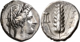 LUCANIA. Metapontion. Circa 340-330 BC. Didrachm or Nomos (Silver, 21 mm, 7.79 g, 7 h). Head of Demeter to right, wearing wreath of grain ears, triple...