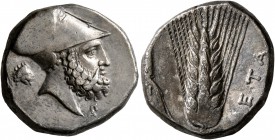 LUCANIA. Metapontion. Circa 340-330 BC. Didrachm or Nomos (Silver, 19 mm, 7.92 g, 8 h). Bearded head of Leukippos to right, wearing Corinthian helmet;...