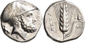 LUCANIA. Metapontion. Circa 340-330 BC. Didrachm or Nomos (Silver, 20 mm, 7.86 g, 3 h). Bearded head of Leukippos to right, wearing Corinthian helmet;...