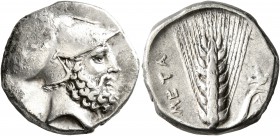 LUCANIA. Metapontion. Circa 340-330 BC. Didrachm or Nomos (Silver, 20 mm, 7.72 g, 11 h). [ΛEΥKIΠΠOΣ] Bearded head of Leukippos to right, wearing Corin...