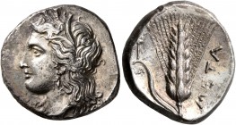 LUCANIA. Metapontion. Circa 330-290 BC. Didrachm or Nomos (Silver, 20 mm, 7.84 g, 2 h). Head of Demeter to left, wearing wreath of grain ears. Rev. ME...