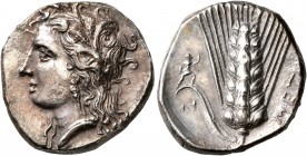 LUCANIA. Metapontion. Circa 330-290 BC. Didrachm or Nomos (Silver, 21 mm, 7.86 g, 10 h), Ly..., magistrate. Head of Demeter to left, wearing wreath of...
