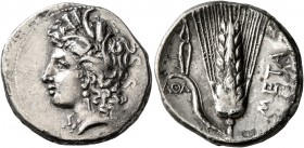 LUCANIA. Metapontion. Circa 330-290 BC. Didrachm or Nomos (Silver, 23 mm, 7.60 g, 9 h), Atha..., magistrate. Head of Demeter to left, wearing wreath o...