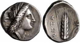 LUCANIA. Metapontion. Circa 330-290 BC. Didrachm or Nomos (Silver, 21 mm, 7.87 g, 3 h). Head of Demeter to right, wearing wreath of grain ears, triple...