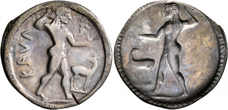 BRUTTIUM. Kaulonia. Circa 525-500 BC. Stater (Silver, 30 mm, 7.33 g, 12 h). ΚΑVΛ...