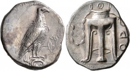 BRUTTIUM. Kroton. Circa 425-350 BC. Didrachm or Nomos (Silver, 21 mm, 7.78 g, 7 h). Eagle, wings closed, standing right on Ionic capital; to right, ol...