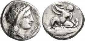 BRUTTIUM. Kroton. Circa 400-325 BC. Didrachm or Nomos (Silver, 20 mm, 7.25 g, 11 h). KΡOTONIATAΣ Laureate head of Apollo to right. Rev. The Heraklisko...