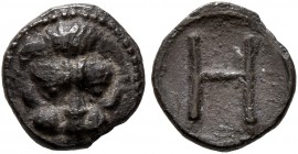 BRUTTIUM. Rhegion. Circa 415/0-387 BC. Hemilitron (Silver, 8 mm, 0.34 g, 11 h). Lion’s mask facing. Rev. H. Herzfelder pl. XI, K. HN Italy 2500. Darkl...