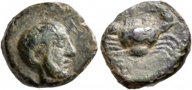 SICILY. Motya. Circa 400-397 BC. AE (Bronze, 11 mm, 1.28 g, 2 h). Bearded male head to right. Rev. Crab. Campana 30. CNS 10 ('Eryx'). Rare. Very fine....