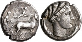 SICILY. Syracuse. Second Democracy, 466-405 BC. Tetradrachm (Silver, 24 mm, 17.28 g, 4 h), circa 430-420. Charioteer driving quadriga walking to right...
