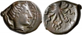 SICILY. Syracuse. Second Democracy, 466-405 BC. Tetras (Bronze, 17 mm, 3.43 g, 1 h), circa 425. ΣYPA Head of Arethusa to right, dolphins flanking. Rev...