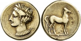 CARTHAGE. Circa 310-290 BC. Stater (Electrum, 19 mm, 7.40 g, 12 h). Head of Tanit to left, wearing grain wreath, pendant earring and elaborate necklac...