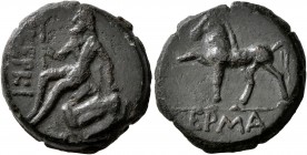 TAURIC CHERSONESOS. Karkinitis. Circa 300-250 BC. AE (Bronze, 20 mm, 6.68 g, 12 h), Erma..., magistrate. KEPKI Bearded and long-haired male figure sea...