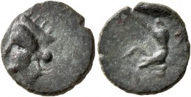 SKYTHIA. Olbia. Circa 360-350 BC. AE (Bronze, 12 mm, 1.66 g, 12 h). Turreted head of the city-goddess to left. Rev. [OΛBIO] Archer crouching left, dra...