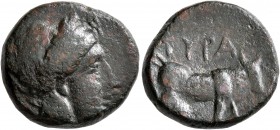 SKYTHIA. Tyra. Circa 360-350 BC. AE (Bronze, 18 mm, 7.37 g, 1 h). Laureate head of Tyras to right. Rev. TYPA Bull standing right. Anokhin 2-3. SNG BM ...