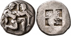 ISLANDS OFF THRACE, Thasos. Circa 500-463 BC. Stater (Silver, 21 mm, 9.18 g). Nude ithyphallic Satyr moving right in the archaic 'running-kneeling' po...