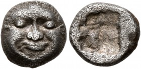 MACEDON. Neapolis. Circa 500-480 BC. Obol (Silver, 9 mm, 0.99 g). Facing gorgoneion. Rev. Rough square incuse. Rosen 381. SNG ANS 423. Somewhat granul...