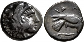 MACEDON. Pydna. Circa 381-369 BC. Dichalkon (Bronze, 17 mm, 4.26 g, 10 h). Head of Herakles to right, wearing lion skin headdress. Rev. ΠYΔNA[IΩN] Eag...