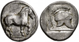 KINGS OF MACEDON. Perdikkas II, 451-413 BC. Tetrobol (Silver, 13 mm, 1.93 g, 12 h). Horse walking right. Rev. Crested helmet right within linear borde...