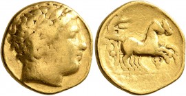 KINGS OF MACEDON. Philip II, 359-336 BC. Stater (Gold, 17 mm, 8.45 g, 4 h), Pella, circa 340/36-328. Laureate head of Apollo to right. Rev. ΦΙΛΙΠΠOY C...