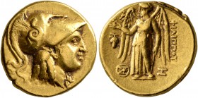 KINGS OF MACEDON. Philip III Arrhidaios, 323-317 BC. Stater (Gold, 17 mm, 8.53 g, 4 h), Arados (?). Head of Athena to right, wearing Corinthian helmet...