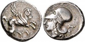 EPEIROS. Ambrakia. Circa 360-338 BC. Stater (Silver, 20 mm, 8.44 g, 11 h), Nikosthe..., magistrate. Pegasus flying right; below, A. Rev. NIKOΣΘE Head ...
