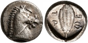 THESSALY, Thessalian League. Circa 470s-460s BC. Obol (Silver, 10 mm, 0.95 g). Head of a bridled horse to right. Rev. ΘE-TA Grain ear. BCD Thessaly I ...