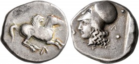 AKARNANIA. Leukas. Circa 400-375 BC. Stater (Silver, 20 mm, 8.54 g, 7 h). Λ Pegasos flying right, with curved wing. Rev. Λ Head of Athena to left, wea...