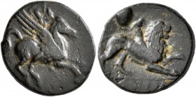 AKARNANIA. Leukas. Circa 350-300 BC. AE (Bronze, 15 mm, 3.37 g, 4 h). Bellerophon riding Pegasos to right. Rev. [ΛEYKA] Chimaera walking right. BCD Ak...
