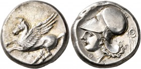 AKARNANIA. Thyrrheion. Circa 320-280 BC. Stater (Silver, 19 mm, 8.49 g, 9 h). Θ Pegasus flying left. Rev. Θ-Y Head of Athena to left, wearing laureate...