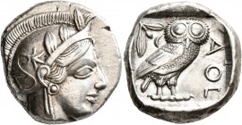 ATTICA. Athens. Circa 440s-430s BC. Tetradrachm (Silver, 24 mm, 17.18 g, 7 h). Head of Athena to right, wearing crested Attic helmet decorated with th...