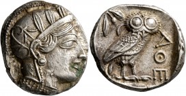 ATTICA. Athens. Circa 430s-420s BC. Tetradrachm (Silver, 25 mm, 17.20 g, 4 h). Head of Athena to right, wearing crested Attic helmet decorated with th...