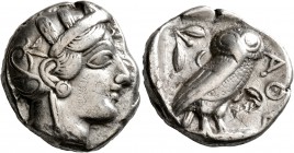 ATTICA. Athens. Circa 430s-420s BC. Tetradrachm (Silver, 24 mm, 16.83 g, 9 h). Head of Athena to right, wrearing crested Attic helmet decorated with t...