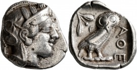 ATTICA. Athens. Circa 430s-420s BC. Tetradrachm (Silver, 27 mm, 16.97 g, 9 h). Head of Athena to right, wearing crested Attic helmet decorated with th...